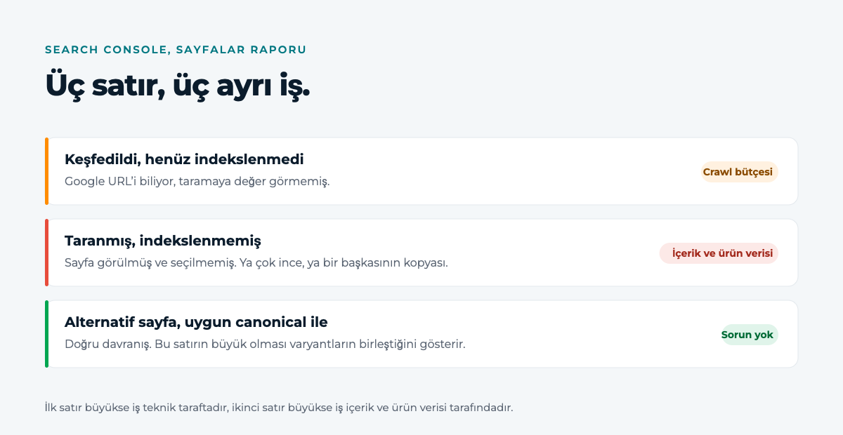 Search Console Sayfalar raporunun üç satırı ve her birinin işaret ettiği iş: crawl bütçesi, içerik ve ürün verisi, sorun yok