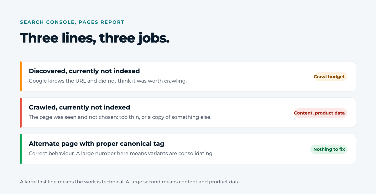 The three lines of the Search Console Pages report and the work each one points to: crawl budget, content and product data, nothing to fix